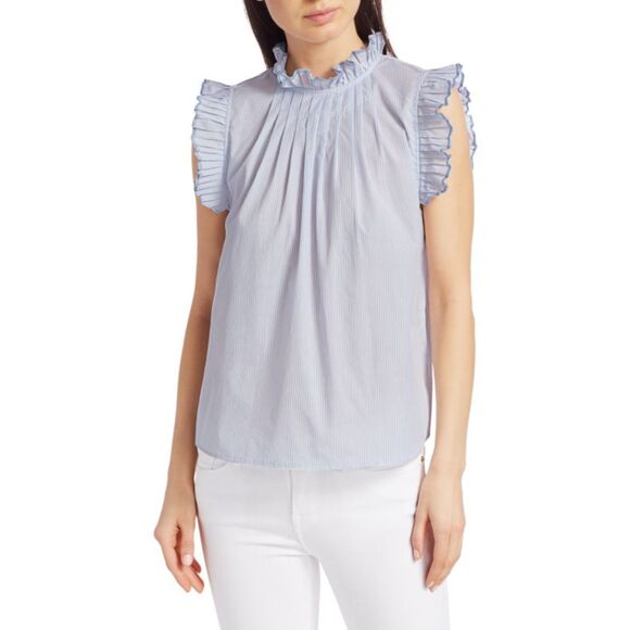 Frame Boho Ruffle Pleated Sleeveless Pinstripe Top Blue/White Sz M Retail $255 - Picture 2 of 14